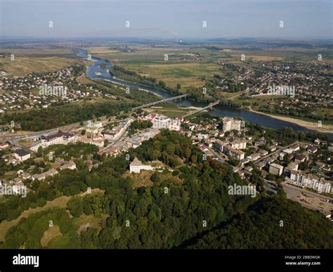 Aerial view of ruined medieval Halych Castle and view to city Halych, Ivano-Frankivsk region ...