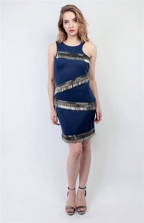 Bodycon asymmetrical shoulder beaded fringe party dress – T.Tandon