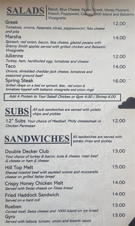 Hilltop Menu, Canandaigua, NY