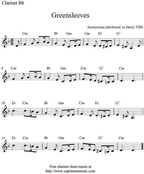 Easy Sheet Music For Beginners: Greensleeves, free clarinet sheet music notes