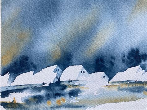 Original Watercolor Painting: Village Under the Snow. Watercolor Landscape, Winter Scenery, Semi ...