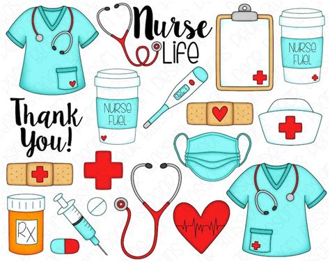 Nurse Life Hand Drawn Digital Clipart Set of 19 Scrubs, Mask ...