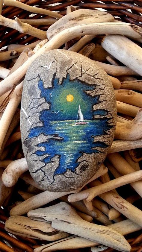 Hand painted stone, sea painting, seascape, painted rock, beach decor, sailing boat ...