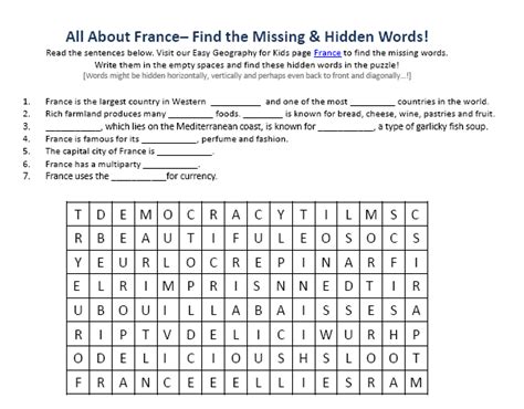 France Geography Facts Worksheet Image - Easy Science For Kids