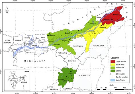 Map of Assam depicting the location of tea gardens from which tea yield ...