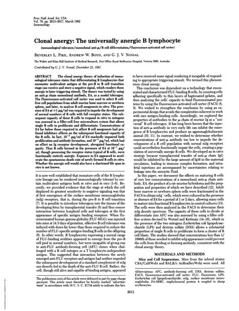 Clonal Anergy: the Universally Anergic B Lymphocyte (Immunological Tolerance/Monoclonal Anti-,A ...