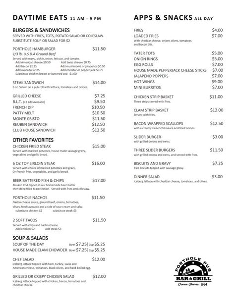 Menu at Porthole Pub Bar & Grill, Ocean Shores