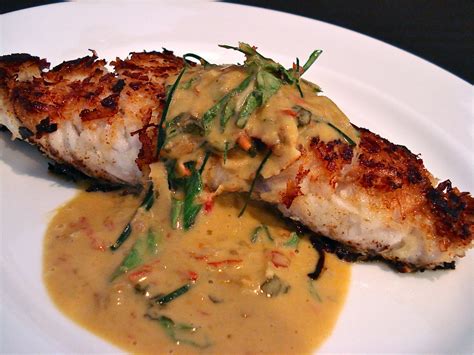 Behind The Burners: COCONUT CRUSTED BARRAMUNDI WITH THAI BASIL, CHILLI & COCONUT CREAM SAUCE