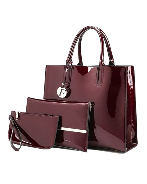 Luxury Glossy Patent Leather 3 Piece Burgundy Ladies Bag Set - Zamani.pk