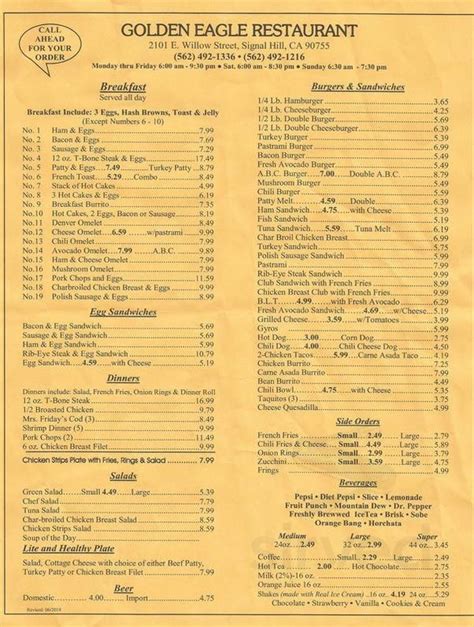 Golden Eagle Restaurant menu in Signal Hill, California, USA