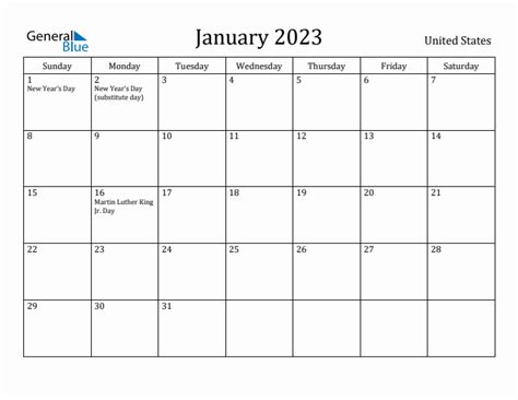 January 2023 Monthly Calendar with United States Holidays