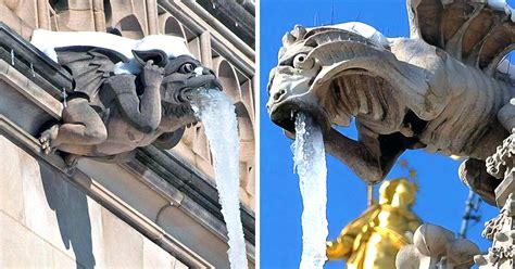 Funny pictures of gargoyle statues who appear to be getting sick.