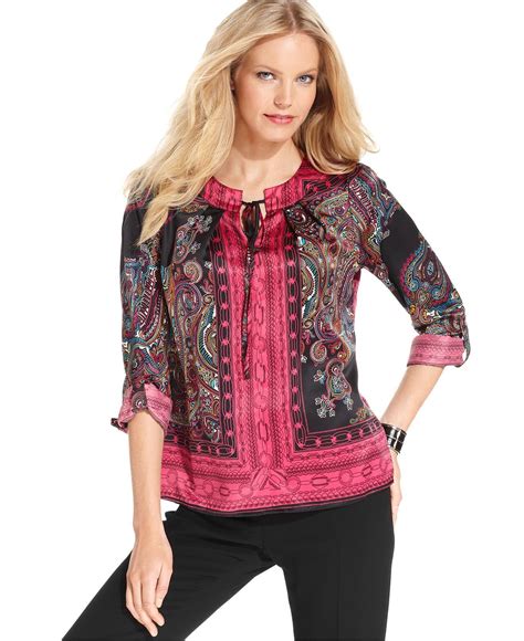 NY Collection Petite Top, Three-Quarter-Sleeve Printed Peasant - Womens Petite Tops - Macy's ...