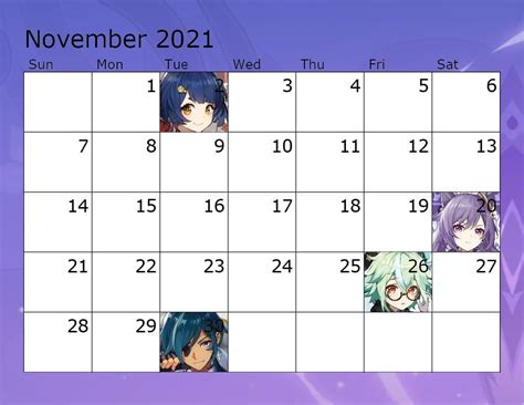 Genshin Birthday Calendar - Printable Calendar 2023