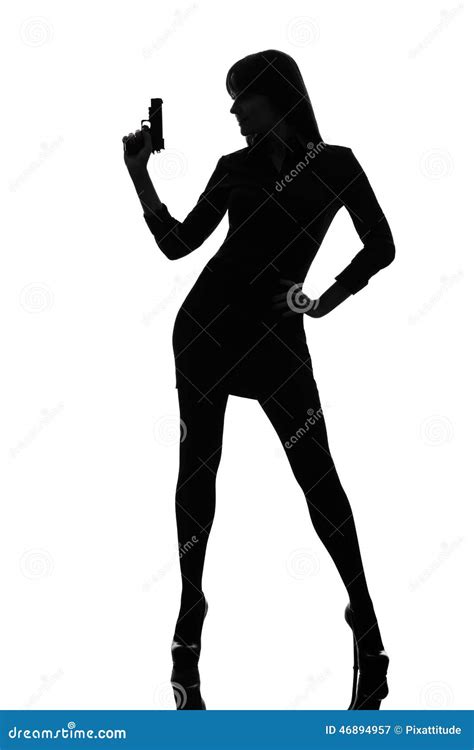 Sexy Detective Woman Holding Aiming Gun Silhouette Stock Photo - Image: 46894957