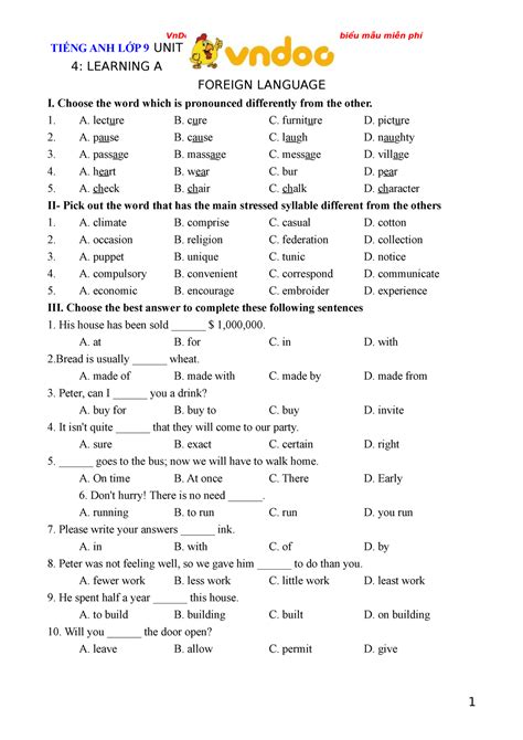 Bai tap tieng anh lop 9 unit 4 2 - TIẾNG ANH LỚP 9 UNIT 4: LEARNING A FOREIGN LANGUAGE I. Choose ...