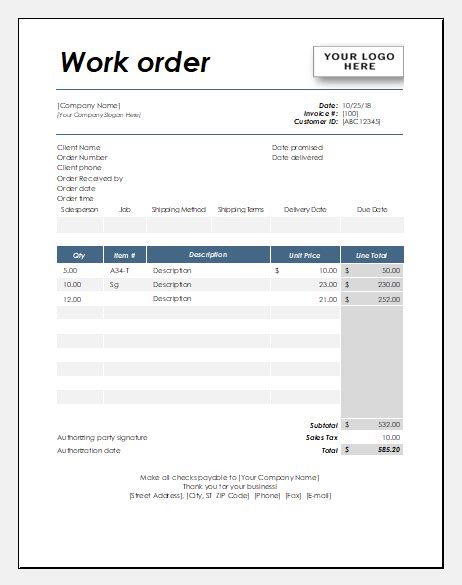 Work Order Bill/Invoice Templates for Excel | Excel Templates