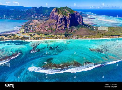 Aerial view of Le Morne Brabant, a UNESCO World Heritage Site in Mauritius, an island in the ...