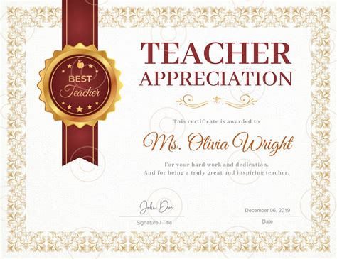 Teacher Appreciation Award Certificate Template Teacher Gift | Etsy