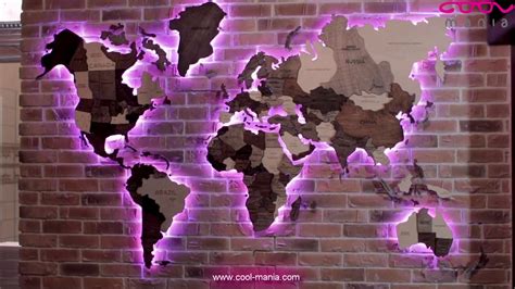 Wooden world map wall decor 3D with RGB LED backlight - size (www.cool-mania.com) - YouTube