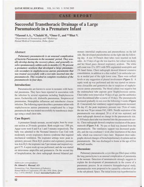 (PDF) Successful transthoracic drainage of a large pneumatocele in a premature infant. QMJ 2005: ...