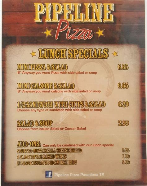 Menu at Pipeline Pizza pizzeria, Pasadena