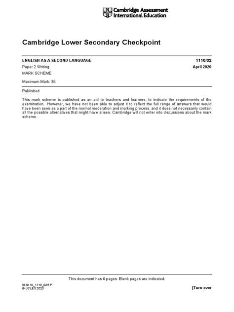 April 2020 CAIE P2 Mark Schemes 1110 English As A Second Language Cambridge Lower Secondary ...