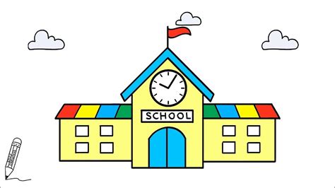 How to Draw a School | My School Drawing and Coloring Step by Step ...