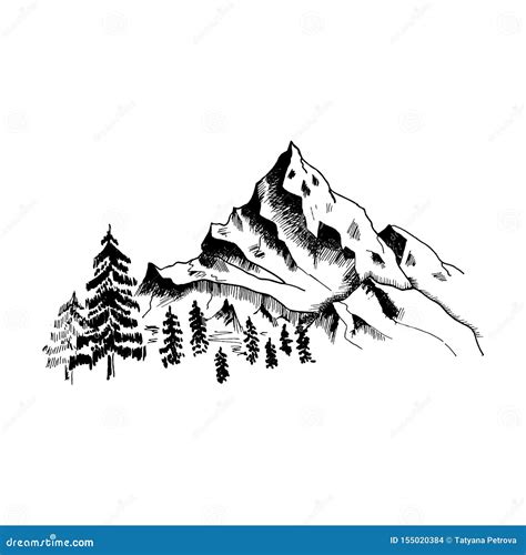 Mountain Sketch. Hand Drawn Black Mountains and Forest, Isolated on White Stock Illustration ...