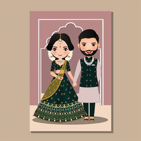 Wedding invitation card the bride and groom cute couple in traditional ...