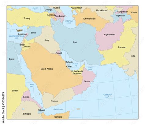 Middle East Map with Countries & Labels Stock Vector | Adobe Stock