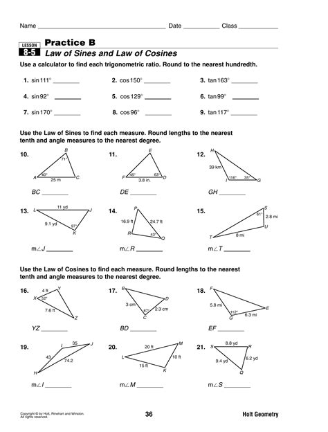 Law Of Sines And Cosines Worksheets Answers