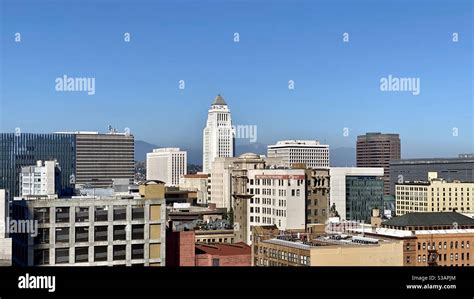 LOS ANGELES, CA, JUL 2020: City Hall dominates the Downtown skyline ...