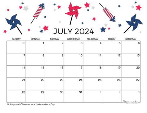 Cute July Calendar 2024 Holidays - Jeane Lorelle