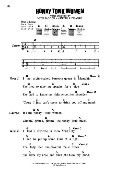 Honky Tonk Women by The Rolling Stones Sheet Music for Guitar Chords/Lyrics at Sheet Music Direct