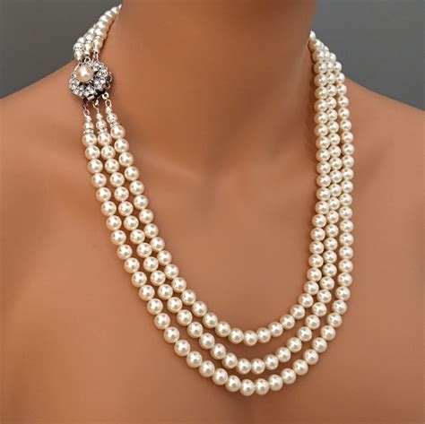 Long Pearl Necklace Set with Earrings Rhinestone clasp and 3 Strands Swarovski Pearls Ivory or ...