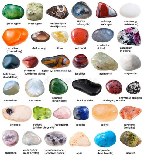 Photo about Collection of various tumbled gemstones with names isolated on white background ...