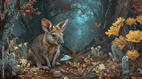 Broad-faced potoroo in a mythical woodland setting, surrounded by ...