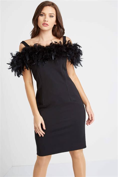 Feather Trim Bardot Dress in Black - Roman Originals UK