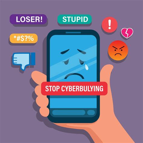 Stop Cyberbullying. Hand holding smartphone with bad emoticon cartoon illustration vector ...