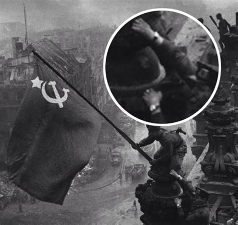 Soviet soldiers helped hoist flag Reichstag WW wearing watches Berlin ...