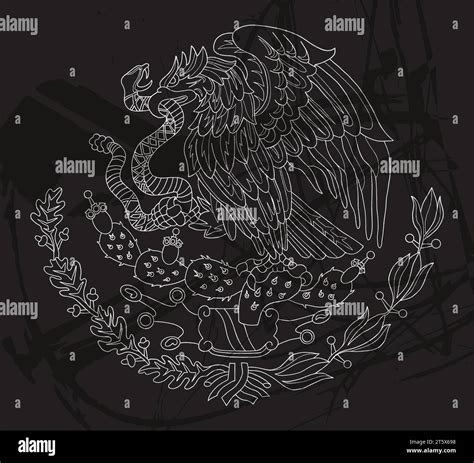 Mexican coat of arms with eagle. Flag emblem. White chalk line on black background. Vector ...