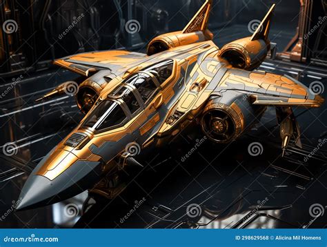 Golden Fighter Jet. Futuristic Digital Art Stock Illustration ...