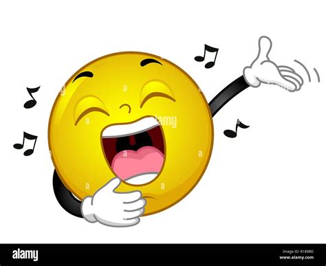 Illustration of a Smiley Mascot with Hands Up Singing Loudly, with Music Notes Around Stock ...