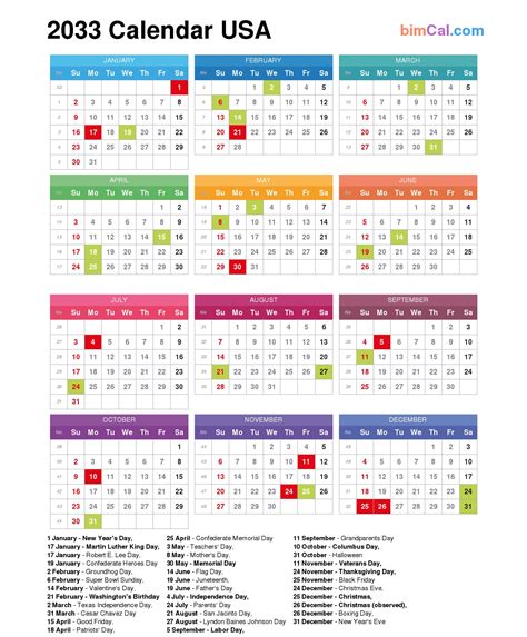 2033 Calendar USA - bimCal