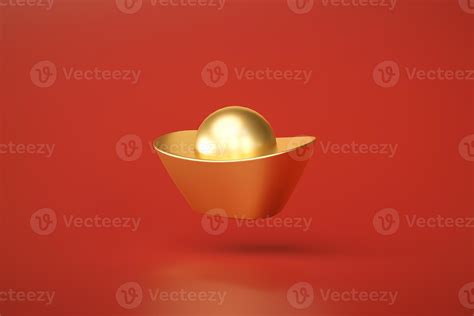 Yuan Bao Chinese gold Luxury rich golden coin or Chinese money traditional on red background 3D ...