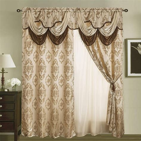 Rod Pocket Jacquard Window 84 Inch Length Curtain Drape Panels w/ attached Valance + Sheer ...