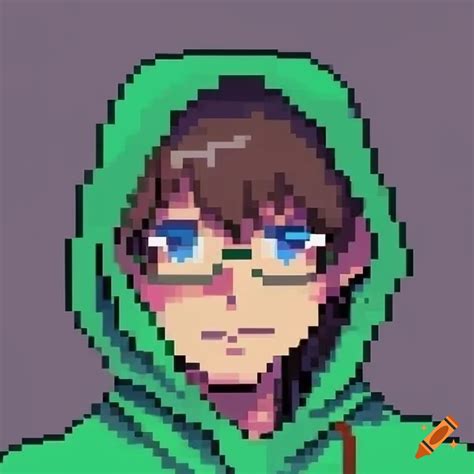 16-bit pixel art of a anime guy with blue eyes and dark brown hair with a black frame glasses ...