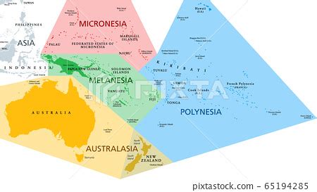 Regions of Oceania, political map. Colored... - Stock Illustration [65194285] - PIXTA