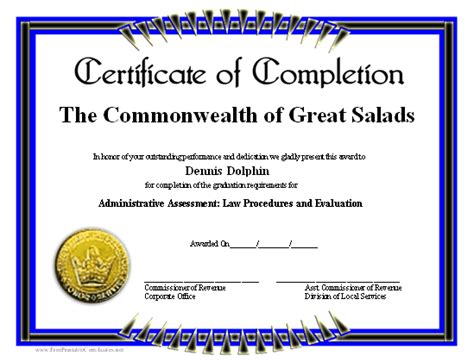 certificate for training with an image of a gold medal on the front and blue border